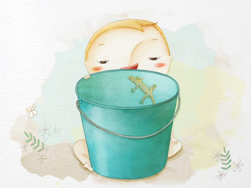 Bebé y lagartija, por Úrsula Epops