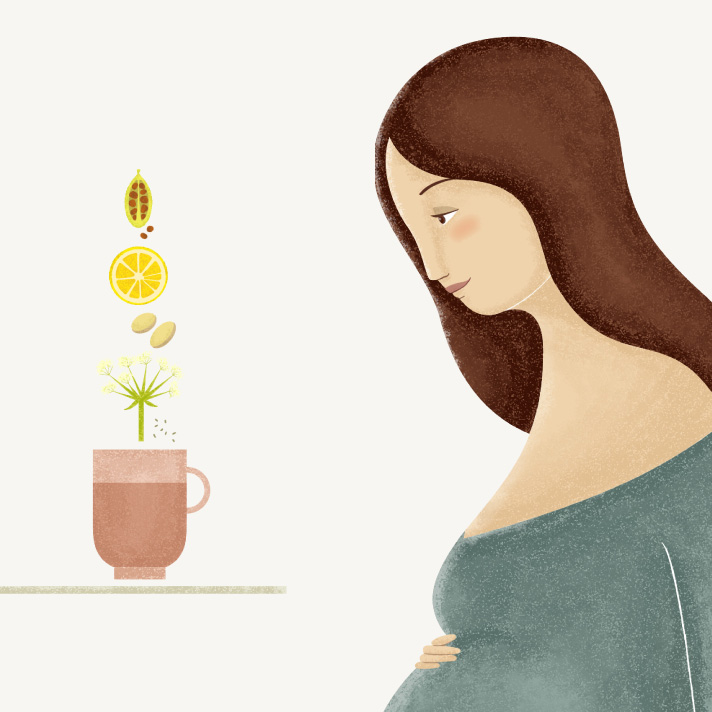 Ilustración de embarazada platónika e infusión